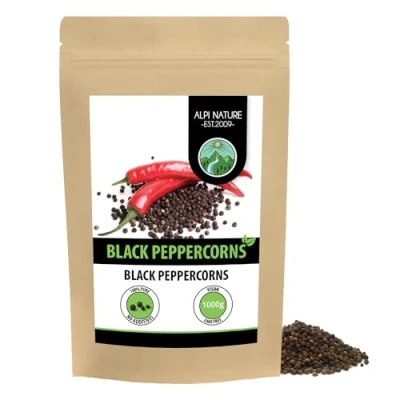 Image of black pepper whole (1kg, 2.2lb), peppercorns 100% natural, of course without additives, vegan,