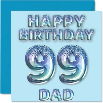 Image of 99th Birthday Card for Dad Blue Glitter Party Balloons Happy Cards 99 Year Old Father from Son Daughter, 145mm x Bday Greeting Gift