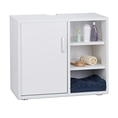 Image of Relaxdays Basin Vanity Unit, One Door, Bathroom Under Sink Cabinet, Siphon Cut Out, White, 51x60x32 cm
