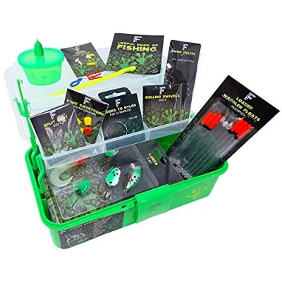 Image of FLADEN Fishing Junior River Loaded Coarse Terminal Tackle Box Set Ideal Bits &amp; Pieces Starter Accessory For Kids PINK or GREEN 2 Tray Cantilever Pack 28cm x 17cm 13cm (Green) [19 099F]