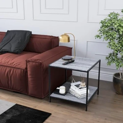 Image of Vida Designs Brooklyn End Table 2 Tier Sofa Side Tables, Bedside Tables with Metal Iron Frame for Living Room, Bedroom, Home Office, Industrial Style (Grey)