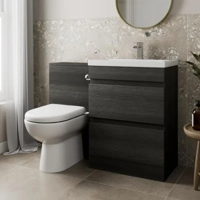 Image of Artis 1100mm L Shape Bathroom Vanity Sink Unit Furniture Storage Woodgrain + Basin Ceramic D Shaped Toilet with Concealed Cistern