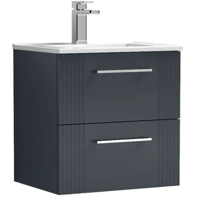 Image of nuie Modern Bathroom Wall Hung 2 Drawer Part Fluted Vanity Unit with Minimalist Ceramic Basin, Soft Black, 500mm