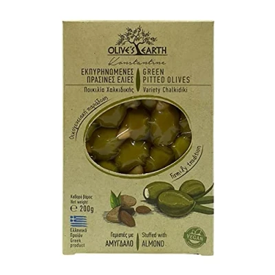 Image of Olive&#039;s Earth Greek Green Pitted Olives Stuffed with Almond Chalkidiki Variety, Pack of 4 x 200g (Total: 800g)