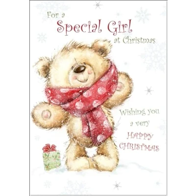 Image of doodlecards Special Girl Christmas Card Teddy Bear with Red Scarf Medium Size for Plain Envelope