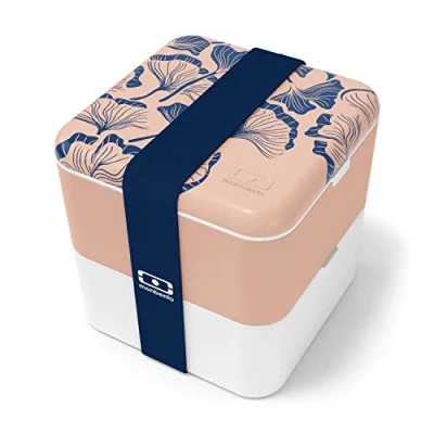 Image of monbento Large Bento Box MB Square Ginkgo with Compartments Made in France Leakproof Lunch for Work/School and Meal Prep BPA Free Food Grade Safe Japanese Pattern Pink &amp; Blue