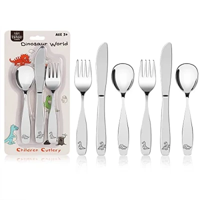 Image of Lehoo Castle Toddler Kids Cutlery Set, 6 Pcs Stainless Steel Travel Camping Baby Sets 2 x Forks, Spoons, Knives, Children&#039;s Dinner Knife and Fork (Dinosaur)