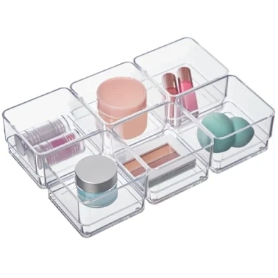 Image of STORi SimpleSort 6 Piece Stackable Clear Drawer Organizer Set 3&quot; x 2&quot; Square Trays Small Makeup Vanity Storage Bins and Office Desk Dividers Made in USA