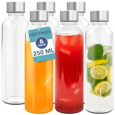 Image of HEFTMAN 250ml Glass Bottles with Lids 6 Pack Empty Water Bottle Airtight, Leakproof, Stainless Steel Water, Smoothies, Juice &amp; Cleaning Brush for Work, Gym, Home