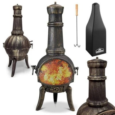 Image of GARDEBRUK® Chiminea Cast Iron Patio Stove La Hacienda Mexican Log Burner Includes Poker Outdoor Garden Fire Pit Terrace Fireplace Wood Burning Brazier Heater 28kg 112cm Black