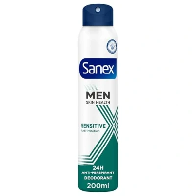 Image of Sanex Men Sensitive Antiperspirant Deodorant Spray 200ml, anti irritation formula, hypoallergenic 24 hour sweat and odour protection, gentle on skin, developed with dermatologists