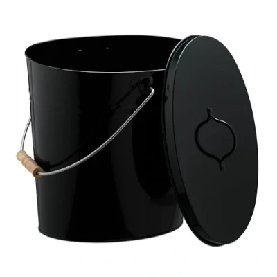 Image of Relaxdays Ash Bucket with Lid, 12 Litres, Wooden Handle, for Coal &amp; Briquettes, Fireplace Bin, Steel Container, Black, Wood