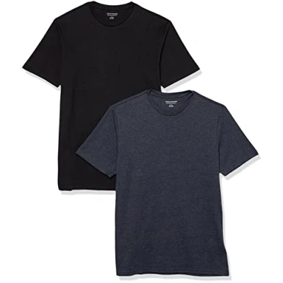 Image of Amazon Essentials Men&#039;s T Shirt Regular Fit Short Sleeve Crewneck, Pack of 2, Black/Navy Heather, XL