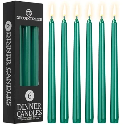 Image of DECO EXPRESS Candles Set Classic Dripless Tapered Metallic Unscented 8H Burning Time, Decorative Dinner for Restaurant Home Christmas, Variety of Packs &amp; Colours (Metallic Pine 6 Pack)