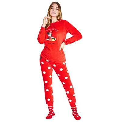 Image of Disney Womens Pyjamas, Fleece Loungewear and Fluffy Socks Stitch Gift Set (Red Minnie, XL)