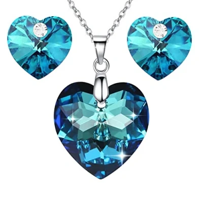Image of Crystalline Azuria Women 18ct White Gold Plated Blue Crystals Hearts Set Pendant Necklace Heart Stud Earrings