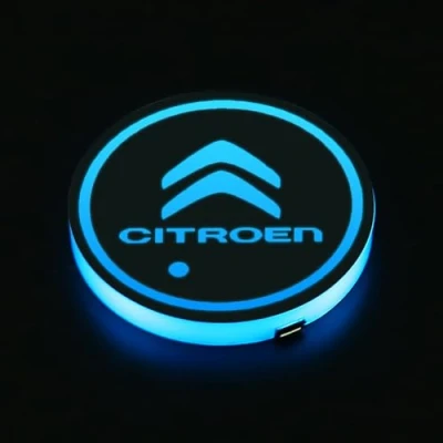 Image of LED Car Coasters 2pcs for Citroen,7 Colors Luminescent USB Charging Lights Interior Atmosphere Logo Drink Cup Holder