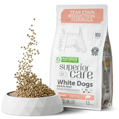 Image of Nature&#039;s Protection Superior Care Grain Free Adult Dry Dog Food with Salmon for White Dogs, High Protein, Hypoallergenic Kibble Sensitive Stomach, Reduces Brown Tear Stains, 1.5kg. Small Breeds.