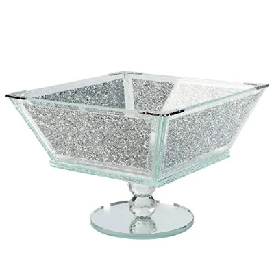 Image of London Boutique Crystal Extra Large Fruit Bowl Centre Piece Storage Sparkle Crushed Diamond Filled Silver Metal Frame Square Shape 7.5 Inches Height