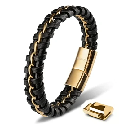 Image of SERASAR Men Bracelets 23cm Gold Gift Box Genuine Leather Cowhide Braided Adjustable Magnetic Clasp Multi Layer Wrap Jewellery Rope Man Mans Male Mens Band Accessories