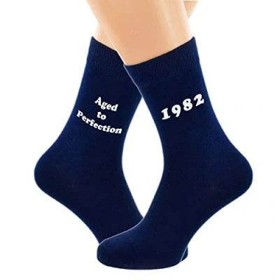 Image of Aged to Perfection 1981 Printed on Mens NAVY BLUE Socks for 40th Birthday Present 2021