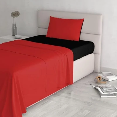 Image of Italian Bed Linen Natural Color Set (Flat 150x300, Fitted Sheet 90x200cm+Pillowcase 52x82cm), Petrol Bottle Green, 100% Cotton, red/Black, SINGLE