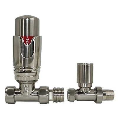 Image of Warmehaus Thermostatic Radiator Valve 15mm Straight TRV + Lockshield for Heated Towel Rail Satin Nickel