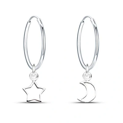 Image of Epoch World 925 Sterling Silver Earrings Dangle Drop Moon and Star Hoop Diameter 16mm Sleeper Hoops for Women Girls