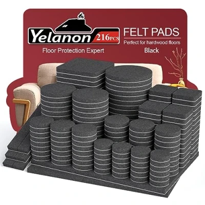 Image of Yelanon Felt Furniture Pads 216 Pcs Hardwoods Floors Self Adhesive, Cuttable Chair Pads, Anti Scratch Floor Protectors for Feet Legs, Black