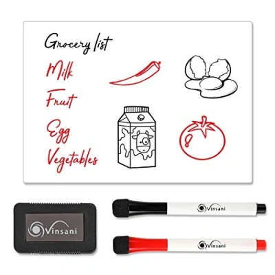 Image of Vinsani Whiteboard A5 Size Make Notes, Lists, Memos, Menus. for Home, School, Office and Kitchen Use with 2 Free Magnetic Dry Wipe Pens Eraser (14.8 x 21 cm)
