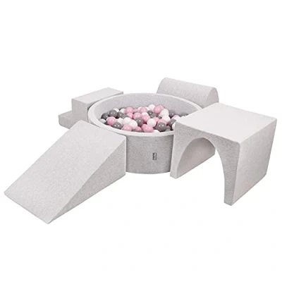 Image of KiddyMoon Foam Playground For Kids With Round Ballpit (300 Balls) Obstacle Course, Lightgrey:White/Grey/Powderpink