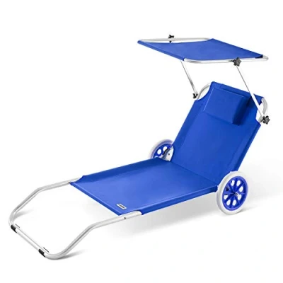 Image of CASARIA Crete Beach Sunlounger Foldable UV Resistant With 2 Wheels Converts To Trolley Headrest Sun Shade Canopy Garden Patio Lounger Folding 115kg Load Capacity Aluminium Frame Blue