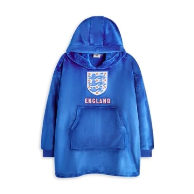 Image of England Boys Wearable Blanket Hoodie Kids Blue Hooded Pullover with Three Lions Motif Football Badge One Size Loungewear Pockets Classic Footie Emblem Merchandise Gift