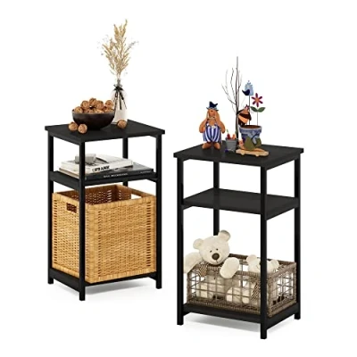 Image of Furinno Metal Frame End Table with Storage Shelves, Engineered Wood, Espresso, 2 Pack