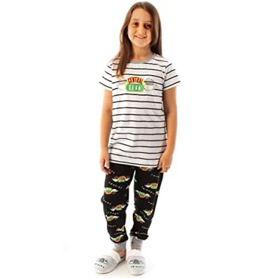 Image of FRIENDS Central Perk Pyjamas For Girls Children &amp; Teens F.R.I.E.N.D.S Cafe Striped Black White T Shirt Logo Loungepants PJ Set TV Show Gifts