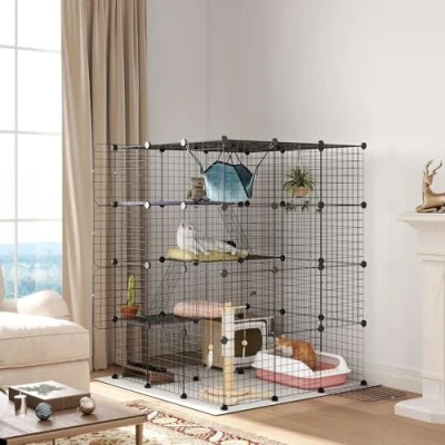Image of PawHut DIY 4 Tier Cat Cage Indoor with Hammock Ramps Doors for 1 3 Cats D51 453V00BK