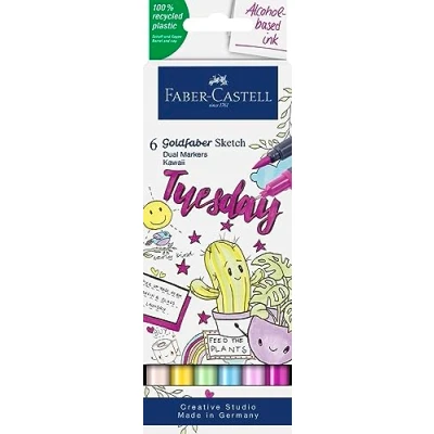 Image of Faber Castell Goldfaber Sketch Kawaii 164811 Marker Pens Pack of 6 Alcohol Markers with Brush Tip and Fineliner