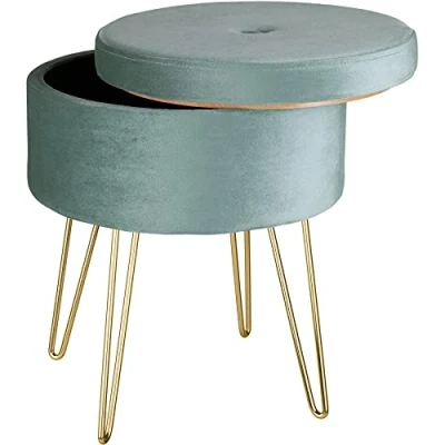 Image of TecTake® Round Stool in Velvet Look with Storage Compartment, Sturdy Vanity Chair Soft Padded Seat, Golden Steel Legs &amp; Quick Assembly, Ideal as Bedroom Dressing Table Turquoise