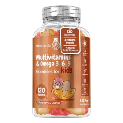 Image of Multivitamin for Kids 120 Natural Raspberry &amp; Orange Flavour Chewable Gummies (2 Month Supply) Low Sugar Childrens Multivitamins with Zinc Omega 3, 6 9 Vegetarian Vitamins