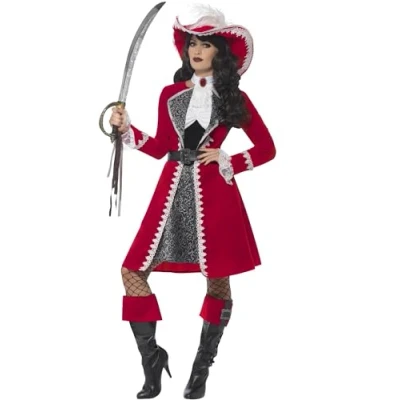 Image of Smiffys Deluxe Authentic Lady Captain Costume, Red with Dress, Jacket, Neck Tie &amp; Boot Covers, Pirate Fancy Dress Up Costumes