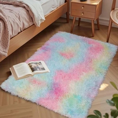 Image of Aspire Homeware Rugs Living Room Small Area Rainbow 50x80cm for Bedroom Anti Slip Modern Super Soft Thick Pile Fluffy Shaggy Rug Non Shedding