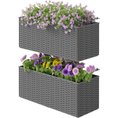 Image of Outsunny Set of 2 Hanging Flower Boxes, 50 cm Long, Rattan Look Grey