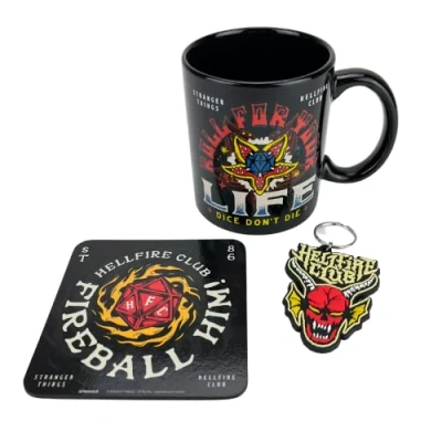 Image of Pyramid International Stranger Things Gift Set with Mug, Coaster and Keyring in Presentation Box (Hellfire Design) 11oz Ceramic Mug Official Merchandise, Yellow