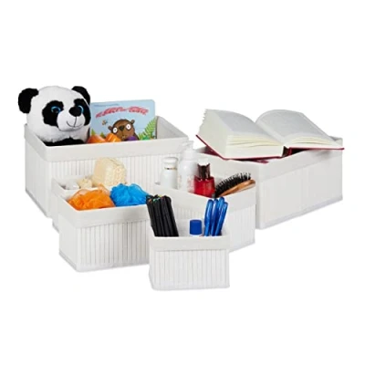 Image of Relaxdays Set of 6 Bamboo Storage Baskets, Fabric Cover, Sqaure, Decorative Containers, White, 2.3/6 / 11/15.5 L