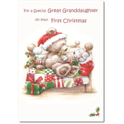 Image of doodlecards Great Granddaughters First Christmas Card Cute Bear on Bed Medium Size with Plain Red Envelope, 21 x 15cm