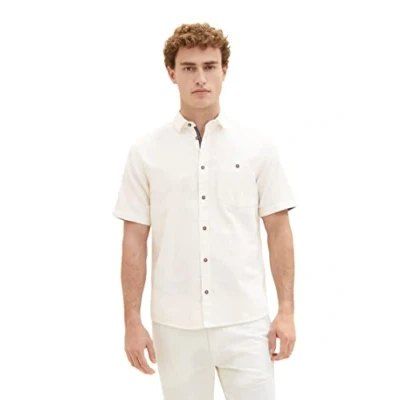 Image of TOM TAILOR Men&#039;s 1036213 Short Sleeve Shirt with Chest Pocket, 10338 Soft Light Beige, M