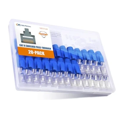 Image of Cable Matters 20 Pack 23 24AWG Shielded Cat8 RJ45 Pass Through Connector with Load Bar &amp; Strain Relief Boots, NOT Compatible 22AWG (Cat8 Plugs/Cat 8 Thru Connectors)