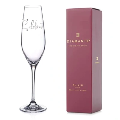Image of DIAMANTE Swarovski Champagne Flute Crystal Prosecco Glass with “Celebrate Slogan Embellished Crystals Single Gift Boxed