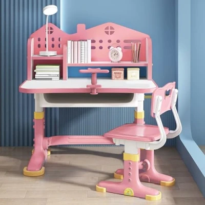 Image of Kids Desk and Chair Set, Height Adjustable Children Study Desk, Golden Distance Preventing Myopia Design, with Spacious Storage Drawer for Boys Girls Home Tool (Pink B)