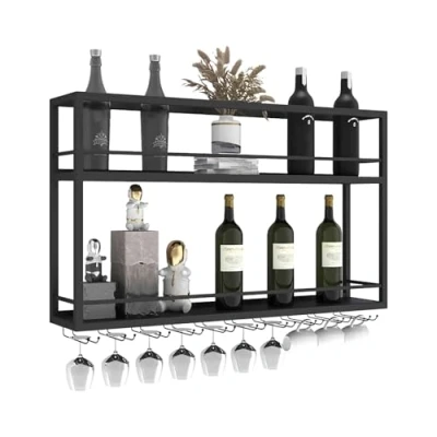 Image of Industrial Wall Mounted Wine Rack, 2 Tier Wood Bottle Shelf with Stemware Metal Glass Rack Multi Functional Storage Display for Home Bar Dining Room Kitchen (120x20x65cm)